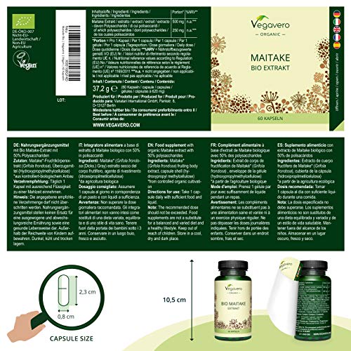 BIO Maitake Vegavero® | La dosis más alta 7500 mg | 50% de Polisacáridos | Sin Aditivos | Testado | Sistema Inmunológico + Estrés & Ansiedad + Adaptógeno | 60 Cápsulas | TCM
