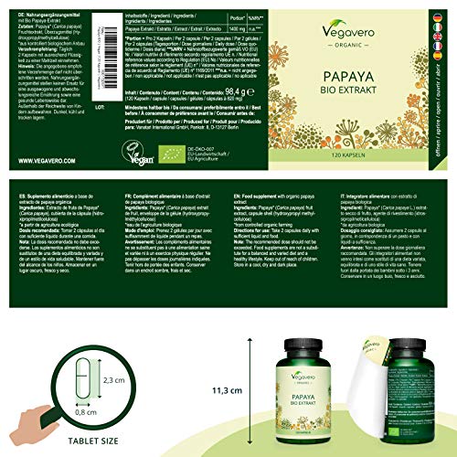 BIO Papaya Vegavero® | Alta Dosis 1400mg | Calidad Española | Sin Aditivos | Estreñimiento + Digestión + Gases | Fuente de Papaína & Vitamina C | 120 Cápsulas