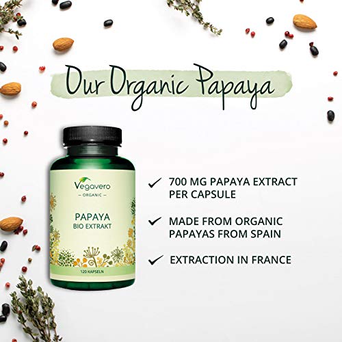 BIO Papaya Vegavero® | Alta Dosis 1400mg | Calidad Española | Sin Aditivos | Estreñimiento + Digestión + Gases | Fuente de Papaína & Vitamina C | 120 Cápsulas