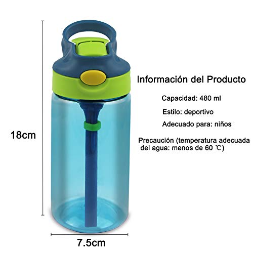 Bioasis Botella de Agua para niños de 480 ml, botella para niños a partir de 36 meses, sin BPA, Tazas para niños aisladas de derrames con Pajita para Viajes Escolares