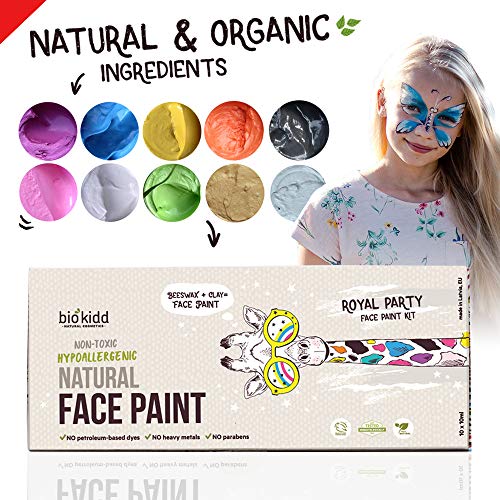 BioKidd Kit de Pintura Facial para Niños para Pieles Sensibles No Tóxicas, Set de Pinturas Faciales Corporales Naturales Ecologicas al Agua - Halloween Royal Party, 10 Colores para Pintar la Cara