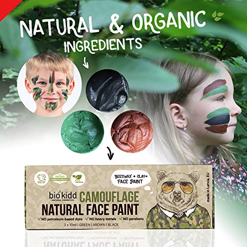 BioKidd Pinturas Cara Naturales de Camuflaje para Pieles Sensibles No Tóxicas - Set de Pinturas Facial - para la Caza del Maquillaje Formación Militar - 3 Colores (Verde, Marrón, Negro)