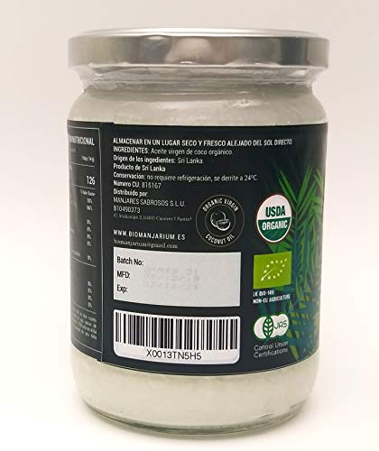 BIOMANJARIUM Aceite de Coco Virgen Extra Orgánico, Ecológico y 100% Natural, ideal para el cabello, piel y blanquear dientes. Coconut Oil. 500 ml.