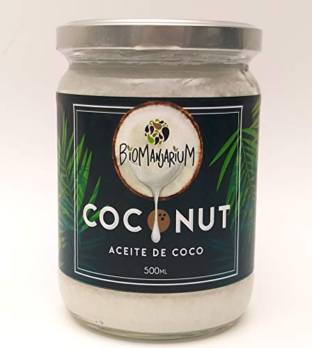 BIOMANJARIUM Aceite de Coco Virgen Extra Orgánico, Ecológico y 100% Natural, ideal para el cabello, piel y blanquear dientes. Coconut Oil. 500 ml.