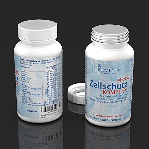 BIOMENTA Complejo de Protección Celular | con vitaminas A, B, C, D, E + manganeso + cobre + hierro + calcio + magnesio + zinc + selenio + fósforo | 60 cápsulas antioxidantes | por dos meses