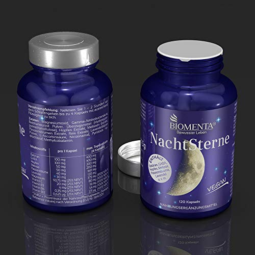 BIOMENTA Nachtsterne -con valeriana, lúpulo, GABA, toronjil, pasiflora, lavanda, magnesio, vitamina C, vitamina B3, B6, B12-120 cápsulas de valeriana vegana