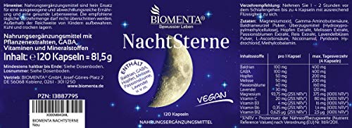 BIOMENTA Nachtsterne -con valeriana, lúpulo, GABA, toronjil, pasiflora, lavanda, magnesio, vitamina C, vitamina B3, B6, B12-120 cápsulas de valeriana vegana