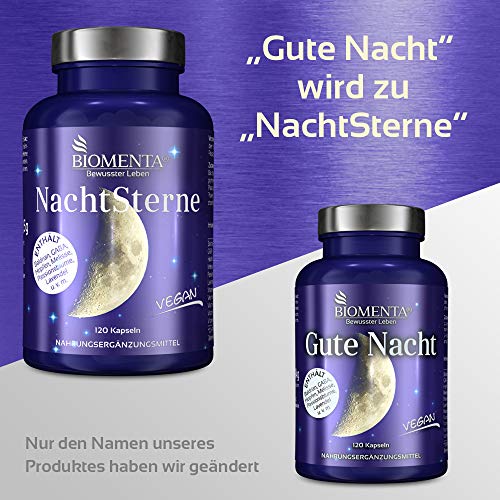 BIOMENTA Nachtsterne -con valeriana, lúpulo, GABA, toronjil, pasiflora, lavanda, magnesio, vitamina C, vitamina B3, B6, B12-120 cápsulas de valeriana vegana