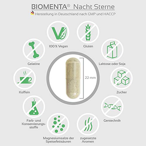 BIOMENTA Nachtsterne -con valeriana, lúpulo, GABA, toronjil, pasiflora, lavanda, magnesio, vitamina C, vitamina B3, B6, B12-120 cápsulas de valeriana vegana