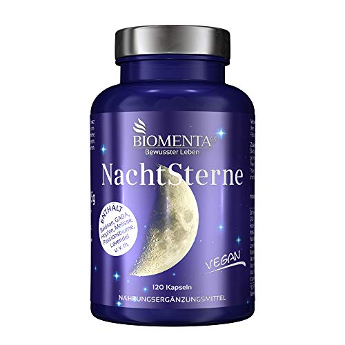 BIOMENTA Nachtsterne -con valeriana, lúpulo, GABA, toronjil, pasiflora, lavanda, magnesio, vitamina C, vitamina B3, B6, B12-120 cápsulas de valeriana vegana