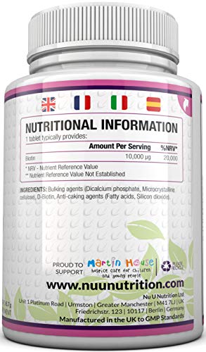 Biotina 10.000 MCG | 365 Comprimidos (Suministro Anual) | Complemento alimenticio para la Caída del Cabello | Complemento alimenticio Nu U Nutrition