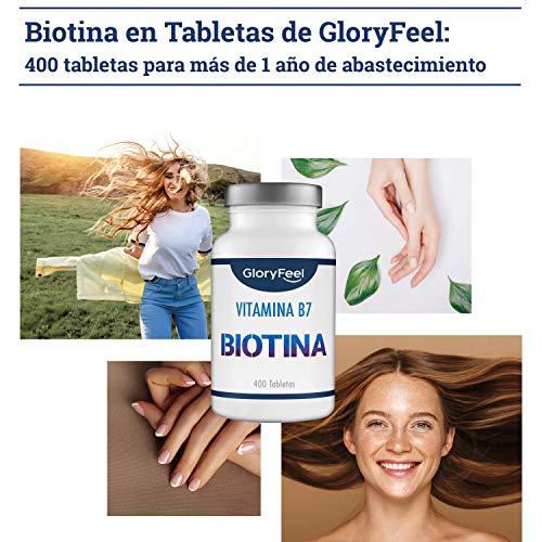 Biotina 10.000 mcg | 400 Comprimidos de Biotina (13 Meses de Suministro) | Vitamina B7 para el Cabello Piel y Uñas | Fabricado en Alemania de GloryFeel