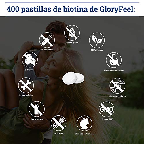 Biotina 10.000 mcg | 400 Comprimidos de Biotina (13 Meses de Suministro) | Vitamina B7 para el Cabello Piel y Uñas | Fabricado en Alemania de GloryFeel