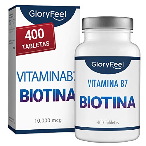 Biotina 10.000 mcg | 400 Comprimidos de Biotina (13 Meses de Suministro) | Vitamina B7 para el Cabello Piel y Uñas | Fabricado en Alemania de GloryFeel
