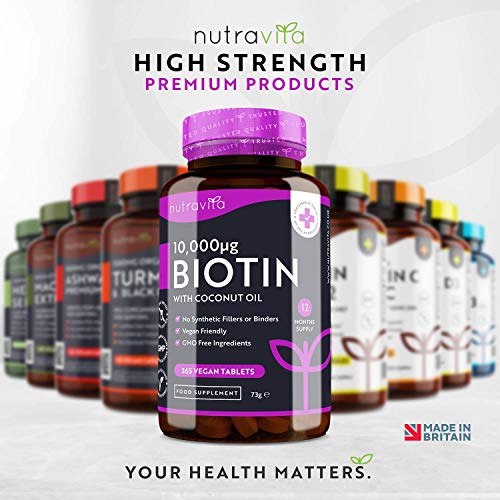 Biotina con Aceite de Coco - Biotina 10000 mcg para Crecimiento del Cabello y uñas - Vitamina B7 para un mejor resultado - 365 Tabletas (Suministro para 1 año) - Hecho en el Reido Unido por Nutravita