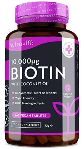 Biotina con Aceite de Coco - Biotina 10000 mcg para Crecimiento del Cabello y uñas - Vitamina B7 para un mejor resultado - 365 Tabletas (Suministro para 1 año) - Hecho en el Reido Unido por Nutravita