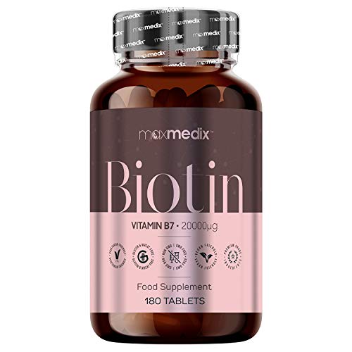 Biotina Natural 20,000 mcg Dosis Alta, 180 Comprimidos Veganos - Suplemento Vitamínico Para Crecimiento, Fortalecimiento y Frenar Caída del Cabello, Para Salud de la Piel y Uñas, Activa Metabolismo