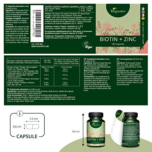 Biotina + Zinc Vegavero® | La Única Sin Aditivos Artificiales | 10000 mcg | 180 o 365 Cápsulas | Apta para Veganos | Crecimiento de Cabello + Piel & Uñas