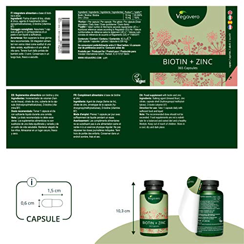 Biotina + Zinc Vegavero® | La Única Sin Aditivos Artificiales | 10000 mcg | 180 o 365 Cápsulas | Apta para Veganos | Crecimiento de Cabello + Piel & Uñas