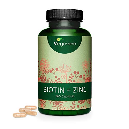 Biotina + Zinc Vegavero® | La Única Sin Aditivos Artificiales | 10000 mcg | 180 o 365 Cápsulas | Apta para Veganos | Crecimiento de Cabello + Piel & Uñas