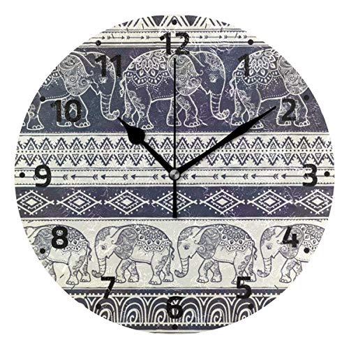 Bit Elephant Mandala estilo redondo de pared silencioso, no hace tictac, con gran diseño de números arábigos para el hogar, cocina, sala de estar, dormitorio, cuarto de baño u oficina