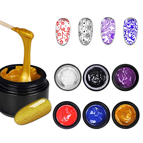 Biutee Gel de Estamping 6 cajas Esmalte para Stamping de 8ml Sellar en Lampara Color de Negro,Blanco,Dorado,Azul,Rojo y Violeta