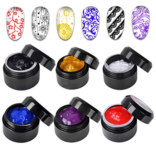 Biutee Gel de Estamping 6 cajas Esmalte para Stamping de 8ml Sellar en Lampara Color de Negro,Blanco,Dorado,Azul,Rojo y Violeta