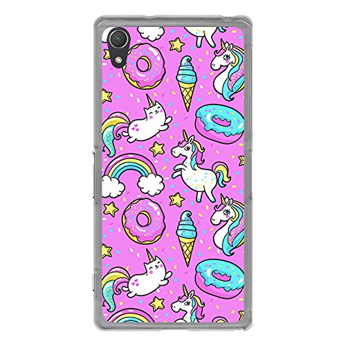BJJ SHOP Funda Transparente para [ Sony Xperia Z2 ], Carcasa de Silicona Flexible TPU, diseño: Unicornio Arcoiris Donut Fondo Rosa