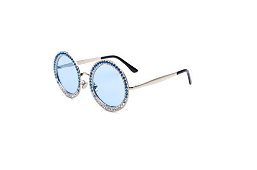 Black Sales Friday Cyber Sales Monday Sales & Deals Week 2018 - Gafas de Sol Redondas para Mujer, Marco de Metal, Cristales y Diamantes, Silver/Blue Lens with Blue Diamond