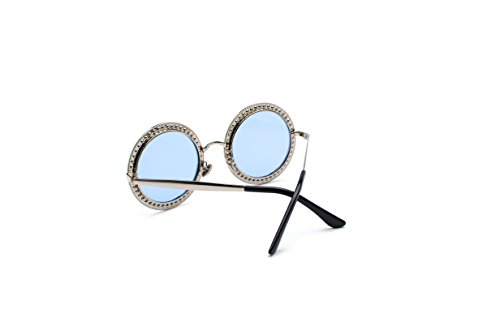 Black Sales Friday Cyber Sales Monday Sales & Deals Week 2018 - Gafas de Sol Redondas para Mujer, Marco de Metal, Cristales y Diamantes, Silver/Blue Lens with Blue Diamond