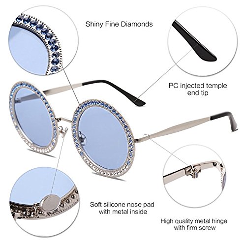 Black Sales Friday Cyber Sales Monday Sales & Deals Week 2018 - Gafas de Sol Redondas para Mujer, Marco de Metal, Cristales y Diamantes, Silver/Blue Lens with Blue Diamond