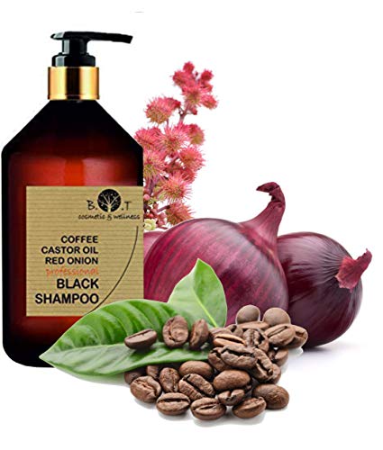 Black Shampoo Champú Anticaída Natural con Café Ricino, Keratina y Extracto de Cebolla Detox Champu Acelerador 500 ml Sin sulfato