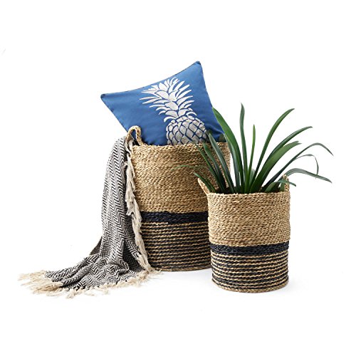 Black Velvet Studio Cesto Manila Paja, Color naturaly Negro. Circular, Textura Natural Muy Atractiva, Producto Artesano 33x28x28 cm.