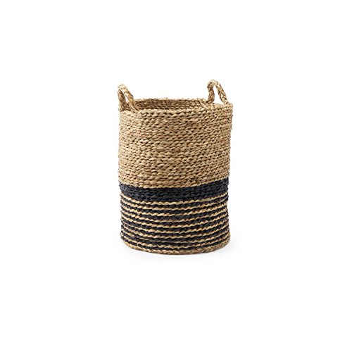 Black Velvet Studio Cesto Manila Paja, Color naturaly Negro. Circular, Textura Natural Muy Atractiva, Producto Artesano 33x28x28 cm.