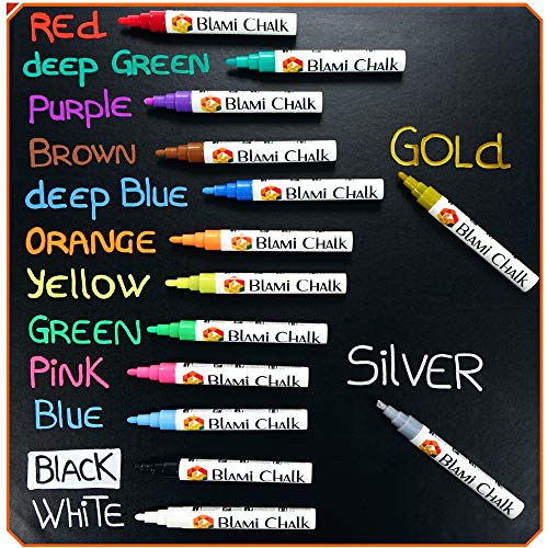 Blami Arts - Rotuladore de Tiza Líquida Pack de 14 - Borrador y 18 Etiquetas Reutilizables - Marcadores Efecto Tiza Borrables No Tóxicos de Colores con Doble Punta Para Pizarra Negra Cristal y Espejo