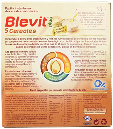 Blevit Plus 5 Cereales para bebé, 1 unidad 600 gr. A partir de los 5 meses.