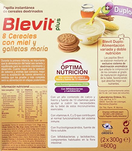 Blevit Plus Duplo 8 Cereales con Miel y Galletas María, 1 unidad 600 gr. A  partir de los 5 meses.