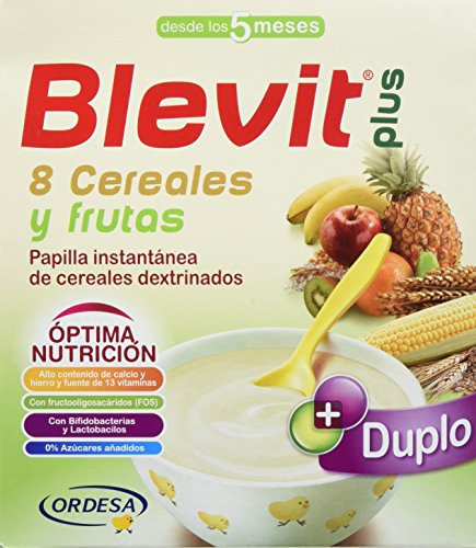Blevit Plus Duplo 8 Cereales y Frutas, 1 unidad 600 gr. A partir de los 5 meses, contiene gluten.