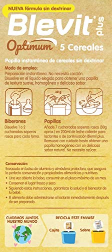 Blevit plus Optimum 5 Cereales, papilla infantil de cereales elaborada con trigo integral, avena, arroz, centeno y cebada. 1 unidad 400grs. Recomendado a partir de los 6 meses de edad.