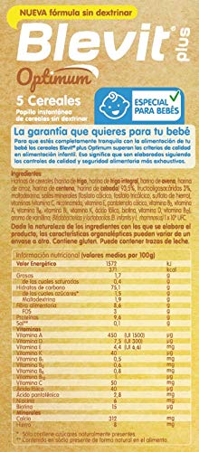 Blevit plus Optimum 5 Cereales, papilla infantil de cereales elaborada con trigo integral, avena, arroz, centeno y cebada. 1 unidad 400grs. Recomendado a partir de los 6 meses de edad.