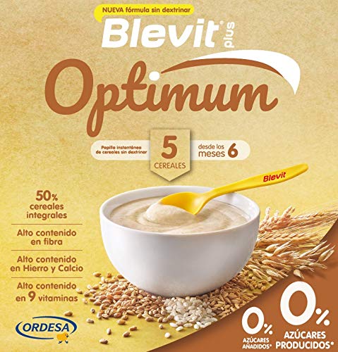 Blevit plus Optimum 5 Cereales, papilla infantil de cereales elaborada con trigo integral, avena, arroz, centeno y cebada. 1 unidad 400grs. Recomendado a partir de los 6 meses de edad.