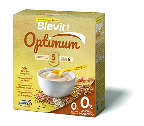 Blevit plus Optimum 5 Cereales, papilla infantil de cereales elaborada con trigo integral, avena, arroz, centeno y cebada. 1 unidad 400grs. Recomendado a partir de los 6 meses de edad.
