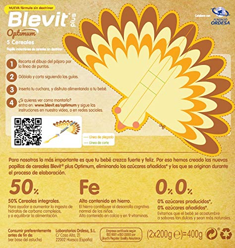 Blevit plus Optimum 5 Cereales, papilla infantil de cereales elaborada con trigo integral, avena, arroz, centeno y cebada. 1 unidad 400grs. Recomendado a partir de los 6 meses de edad.