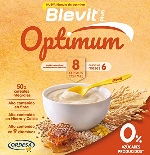 Blevit plus Optimum 8 Cereales con miel, elaborada con trigo integral, avena, triticale, arroz, espelta integral, maíz, centeno y cebada y un 5% de miel. 1 unidad 400grs. A partir de los 6 meses