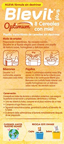 Blevit plus Optimum 8 Cereales con miel, elaborada con trigo integral, avena, triticale, arroz, espelta integral, maíz, centeno y cebada y un 5% de miel. 1 unidad 400grs. A partir de los 6 meses