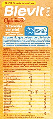 Blevit plus Optimum 8 Cereales con miel, elaborada con trigo integral, avena, triticale, arroz, espelta integral, maíz, centeno y cebada y un 5% de miel. 1 unidad 400grs. A partir de los 6 meses