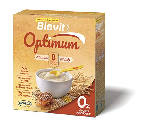 Blevit plus Optimum 8 Cereales con miel, elaborada con trigo integral, avena, triticale, arroz, espelta integral, maíz, centeno y cebada y un 5% de miel. 1 unidad 400grs. A partir de los 6 meses