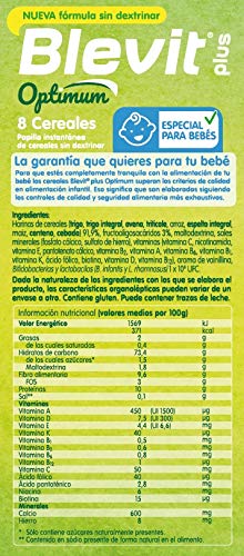 Blevit plus Optimum 8 Cereales, papilla infantil de cereales elaborada con trigo integral, avena, triticale, arroz, espelta integral, maíz, centeno y cebada. 1 unidad 400 grs. A partir de 6 meses
