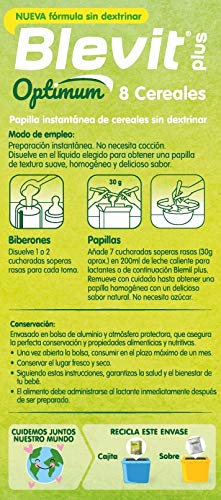 Blevit plus Optimum 8 Cereales, papilla infantil de cereales elaborada con trigo integral, avena, triticale, arroz, espelta integral, maíz, centeno y cebada. 1 unidad 400 grs. A partir de 6 meses