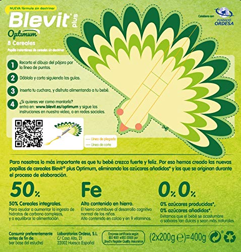 Blevit plus Optimum 8 Cereales, papilla infantil de cereales elaborada con trigo integral, avena, triticale, arroz, espelta integral, maíz, centeno y cebada. 1 unidad 400 grs. A partir de 6 meses
